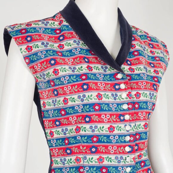 1950s Vintage Folk Floral Ribbon Navy Blue Cotton Velvet Top & Skirt Set Sz XS - Picture 3 of 7